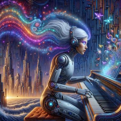 The primary subject of the image is a futuristic robot woman sitting at a piano. She is wearing a white outfit and has a purple hairstyle. The setting is a futuristic environment, possibly a space station or a futuristic city. The visual style is digital art, as the robot woman appears to be a digital illustration. The colors and mood of the image are predominantly purple and blue, creating a futuristic and dreamy atmosphere.